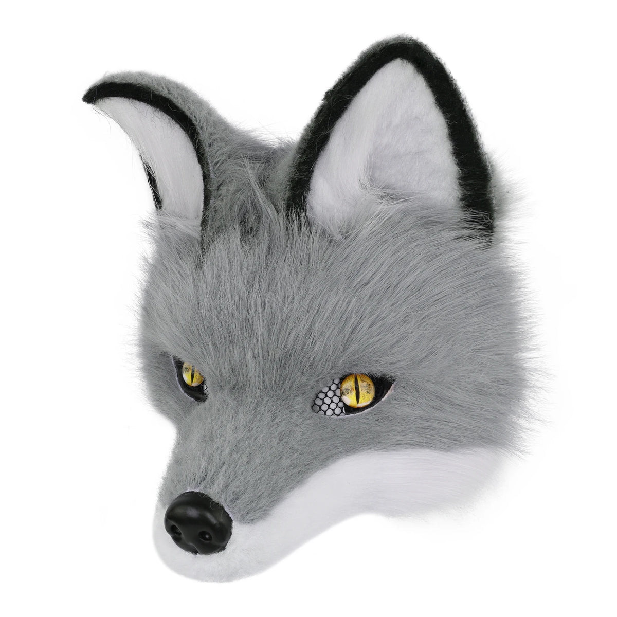 Gray Faux Fur Fox Mask with Yellow Eyes