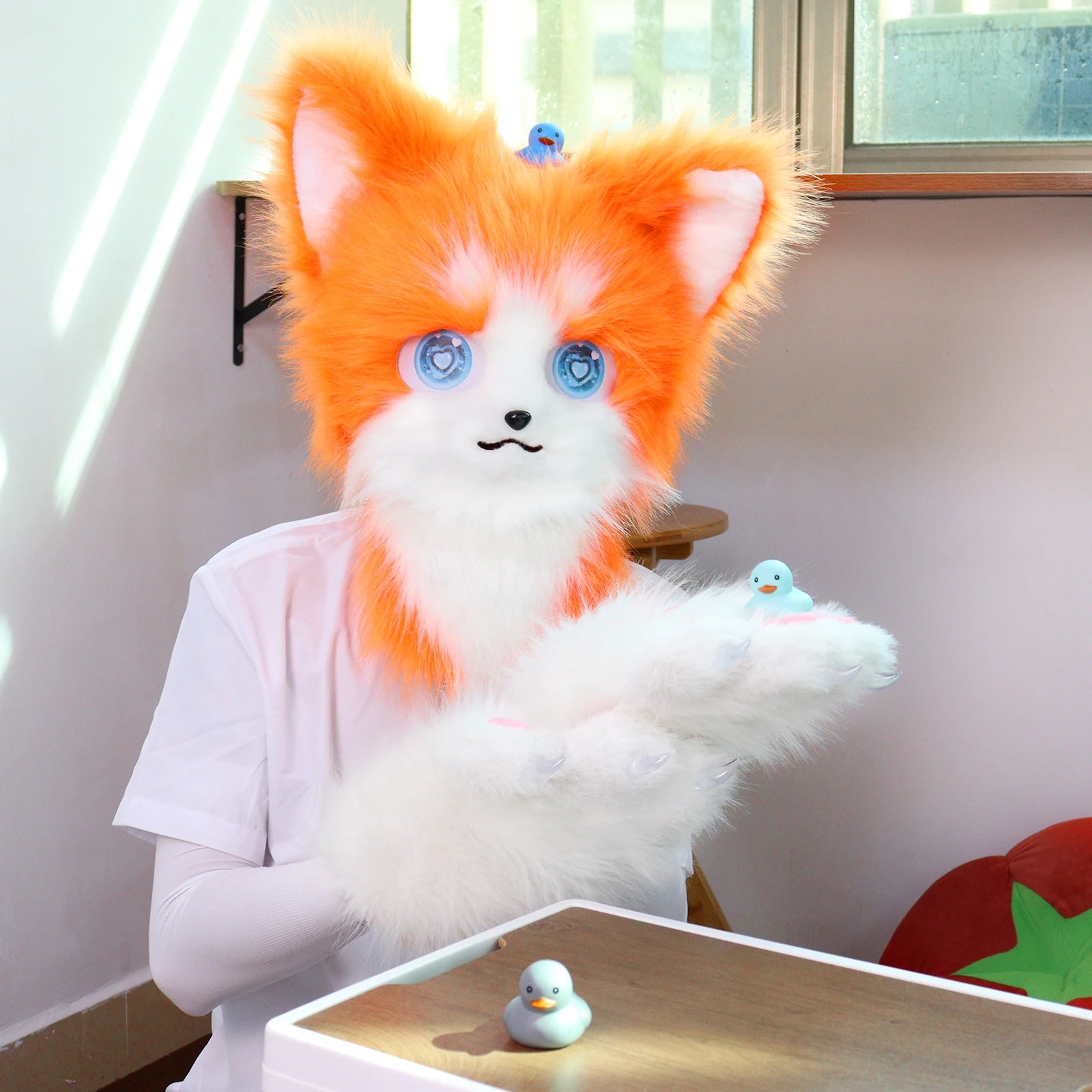 Cute Orange Furry Animal Head Keychain with Blue Eyes